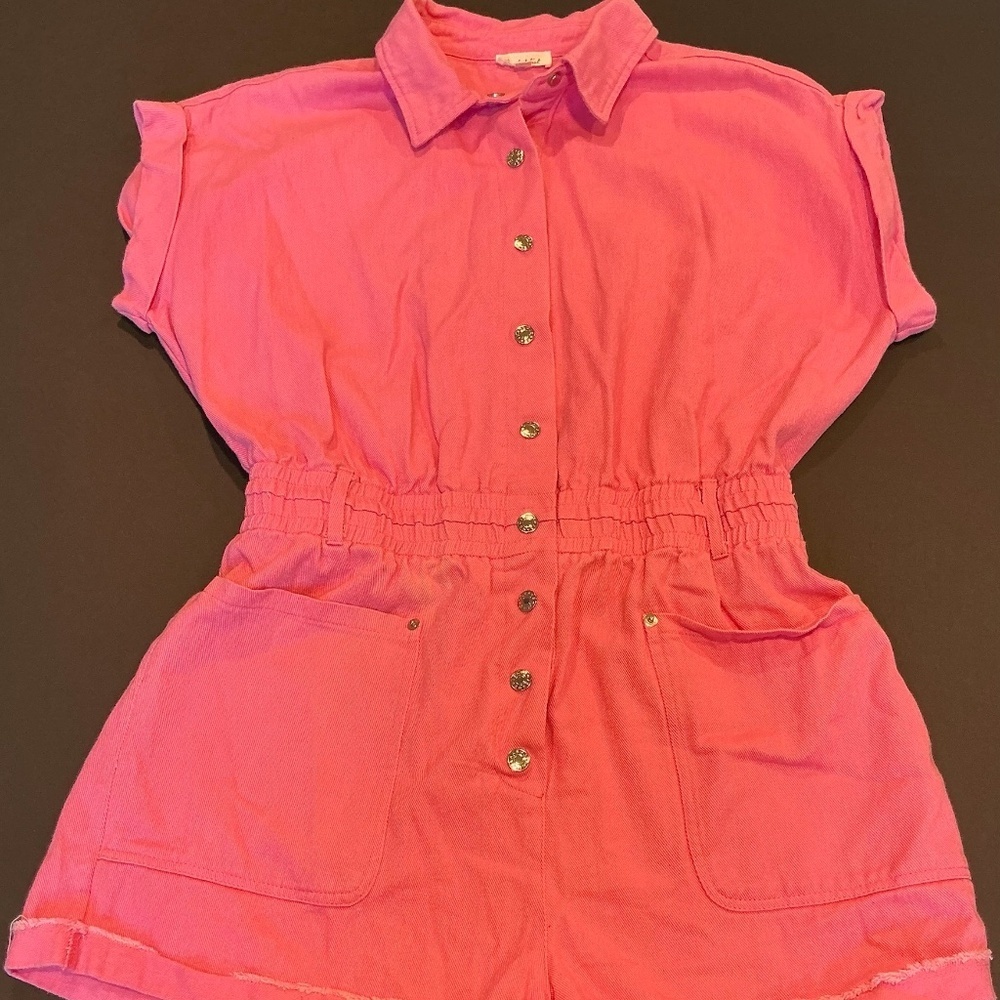 Bucket List Pink Utility Button-Front Romper Size L